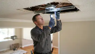 Electrician inspecting ceiling box support with a flashlight for fan installation in Stockton, CA