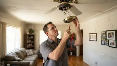 Electrician tests ceiling fan switch with a multimeter during repair in Stockton, CA