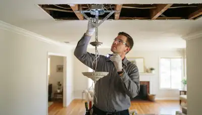 Electrician in Stockton, CA inspects ceiling box and support brace for safe chandelier installation