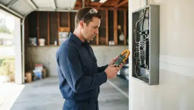 Electrician uses a clamp meter at a Stockton, CA home's load center to size an EV charger safely