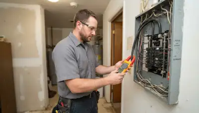 Stockton, CA electrician uses a clamp meter to assess home panel capacity for an electric heater.