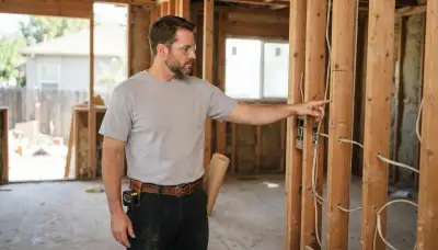 Electrician in Stockton, CA points out a planned circuit run in an unfinished room’s open framing