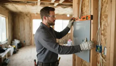 Electrician in Stockton, CA uses a level to align an electrical panel enclosure during rough-in installation