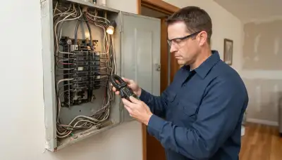 Stockton, CA electrician uses a clamp meter to assess an existing breaker panel for an electrical upgrade