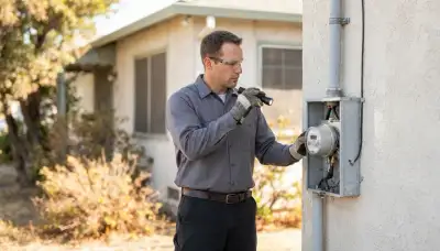Electrician inspects a residential meter base, weatherhead, and service mast in Stockton, CA