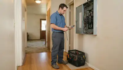 Stockton, CA electrician diagnoses a home's electrical panel with a voltage tester during a service call