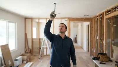 Technician measures ceiling placement for fire alarm installation in a Stockton, CA home