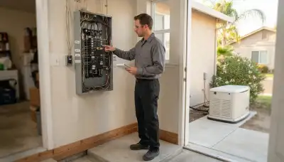 Stockton, CA electrician assessing essential circuits at an open load center for generator installation