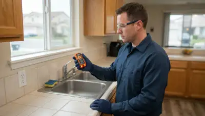 Stockton, CA electrician tests GFCI outlets near a sink with an outlet tester.