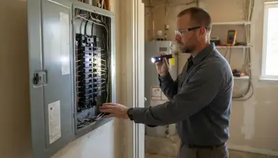 Electrician inspecting a home electrical panel and breakers with a flashlight in Stockton, CA