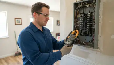 Stockton, CA electrician uses a clamp meter to measure home electrical load during an energy audit