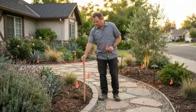 Electrician planning low-voltage landscape lighting with marker stakes in a Stockton, CA yard
