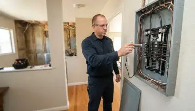 Licensed electrician in Stockton, CA uses a voltage tester during a whole-home electrical assessment.