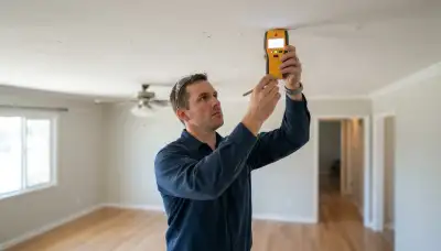 Electrician uses a stud finder to plan ceiling fixture placement for lighting installation in Stockton, CA