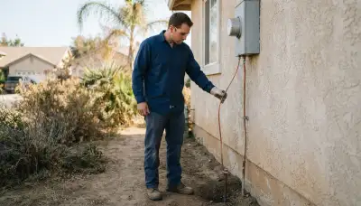 Stockton, CA electrician traces grounding conductor to a ground rod during lightning surge assessment