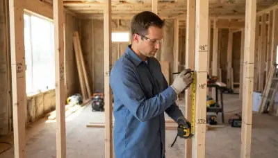 Electrician marking outlet heights and circuit runs during new construction wiring in Stockton, CA