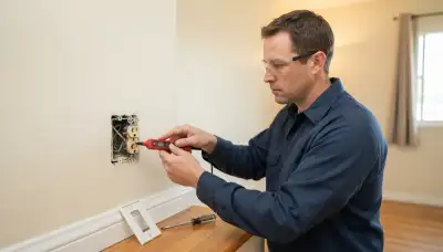 Electrician tests a failed receptacle with a circuit tester during outlet repair in Stockton, CA