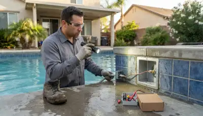 Electrician in Stockton, CA inspects a pool light niche, bonding connection, and junction box with a flashlight
