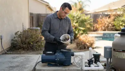 Electrician inspecting a residential pool pump strainer and shaft seal before replacement in Stockton, CA