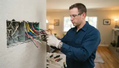 Electrician assesses grouped conductors for programmable lighting control in a Stockton, CA home's open gang box