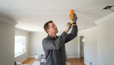 Stockton, CA electrician maps recessed lighting positions with a stud finder and chalk line on a residential ceiling