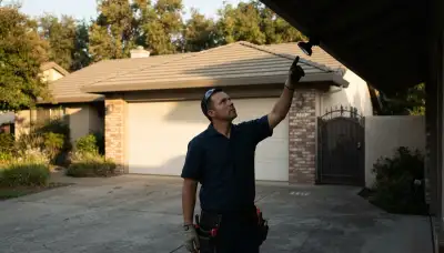 Electrician assesses security light placement above a Stockton, CA garage to illuminate the driveway approach