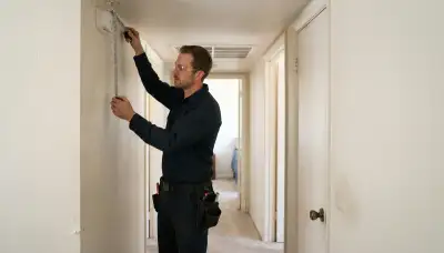 Electrician measuring hallway ceiling for smoke detector placement in a Stockton, CA home