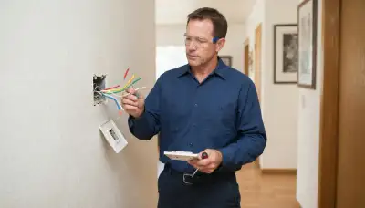 Electrician examines thermostat control wires behind a wall plate in a Stockton, CA home.