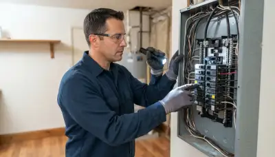 Stockton, CA electrician inspects an open panel with a flashlight for whole-home surge protection