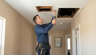 Electrician in Stockton, CA measuring ceiling joists for whole-house fan placement and attic airflow clearance