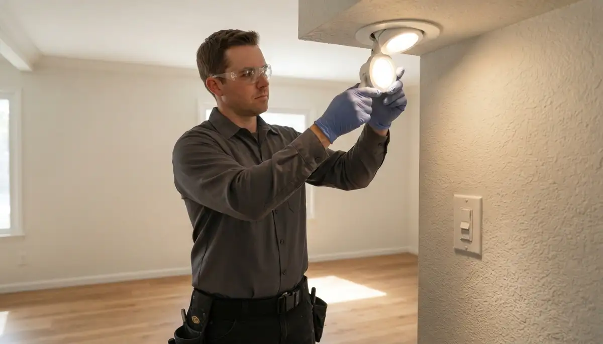 Electrician in Stockton, CA aims a new light fixture and tests switch and dimmer operation