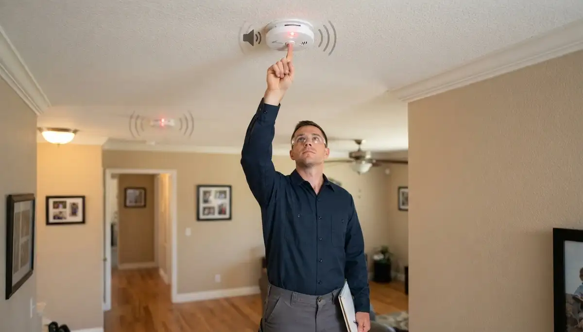 Electrician testing an interconnected smoke detector installation in a Stockton, CA home