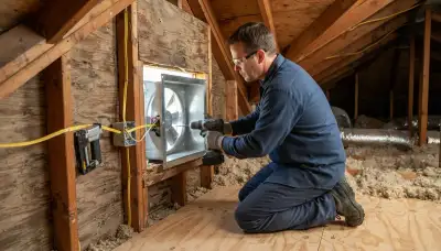 Electrician mounts an attic fan in a gable wall opening of a Stockton, CA home.