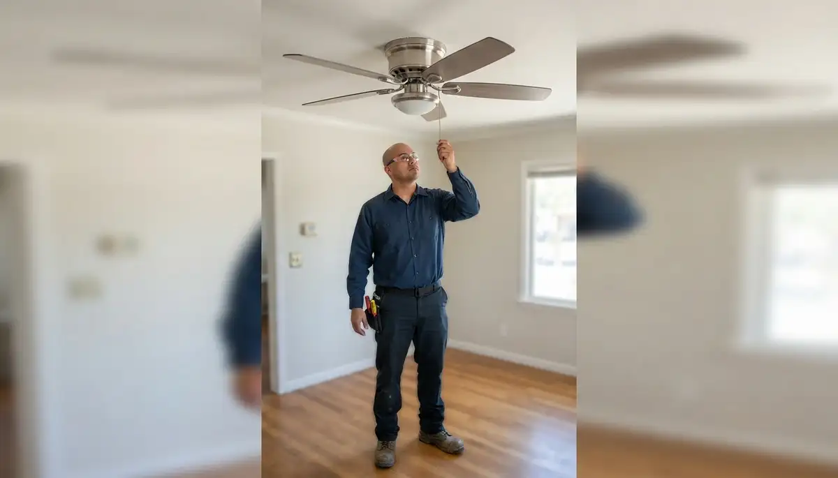 Stockton, CA electrician checks ceiling fan blade balance, pull chain, and canopy during installation