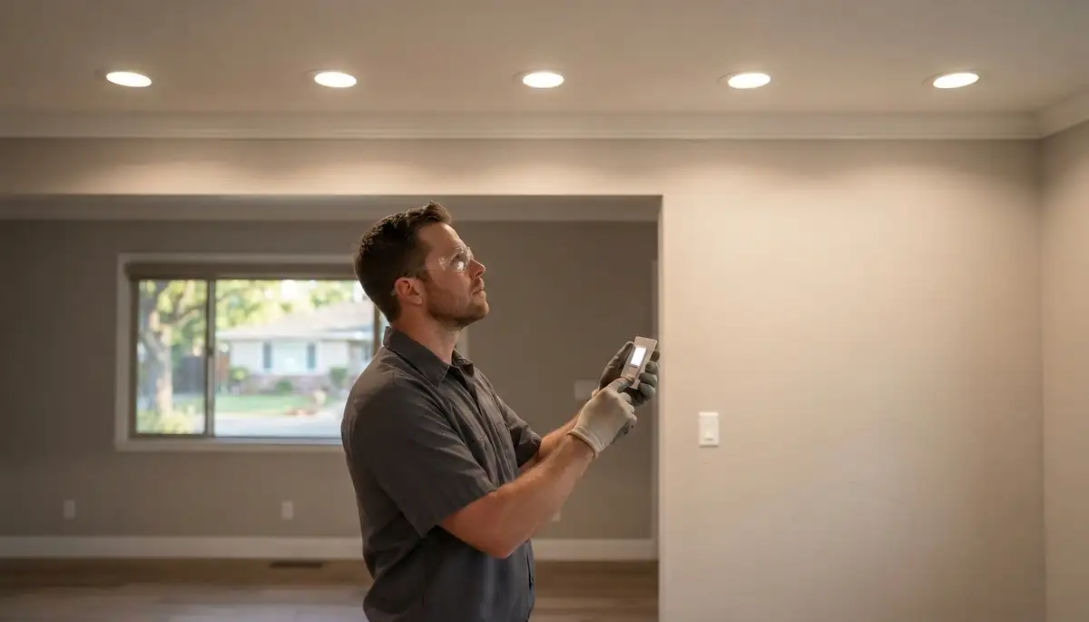 Stockton, CA electrician adjusts a dimmer to verify even recessed lighting beam coverage.