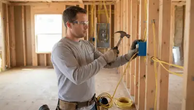 Electrician installing electrical boxes and cable during new construction wiring in Stockton, CA