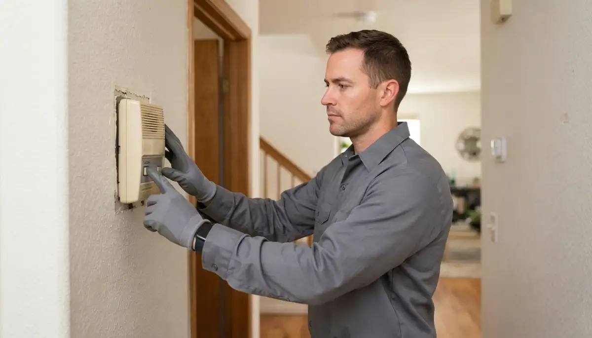Electrician testing two-way audio between intercom stations during a Stockton, CA installation