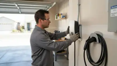 Electrician installs a wall-mounted EV charger on a dedicated circuit in a Stockton, CA garage