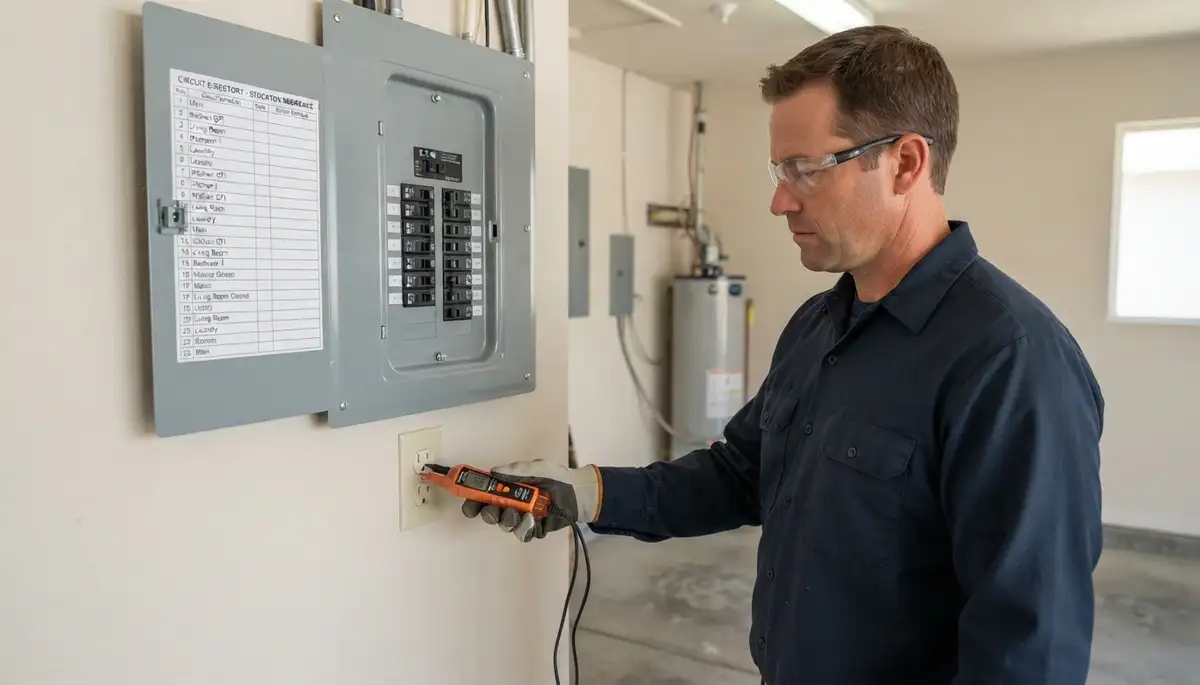 Stockton, CA electrician verifies labeled circuits with a voltage tester after an electrical panel upgrade