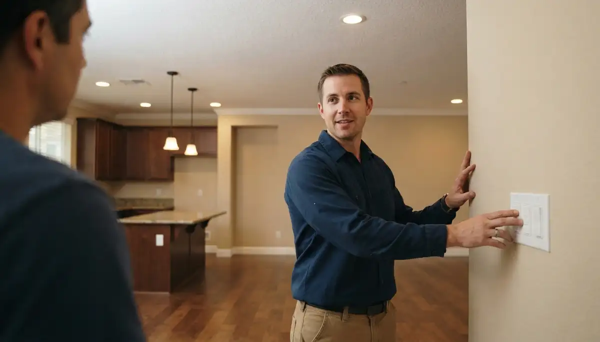Electrician in Stockton, CA demonstrates completed lighting fixtures and dimmer controls to a homeowner