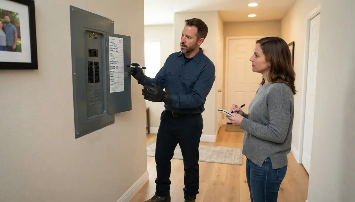 Licensed electrician in Stockton, CA reviews completed work and updated circuit directory with homeowner