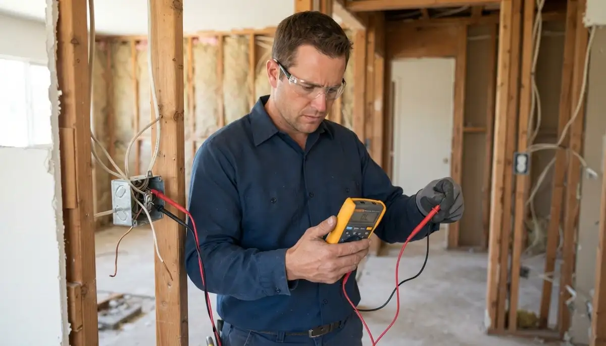 Electrician testing new wiring for continuity and polarity with a multimeter in Stockton, CA