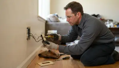 Electrician testing wall receptacles and inspecting junction boxes during a home electrical inspection in Stockton, CA