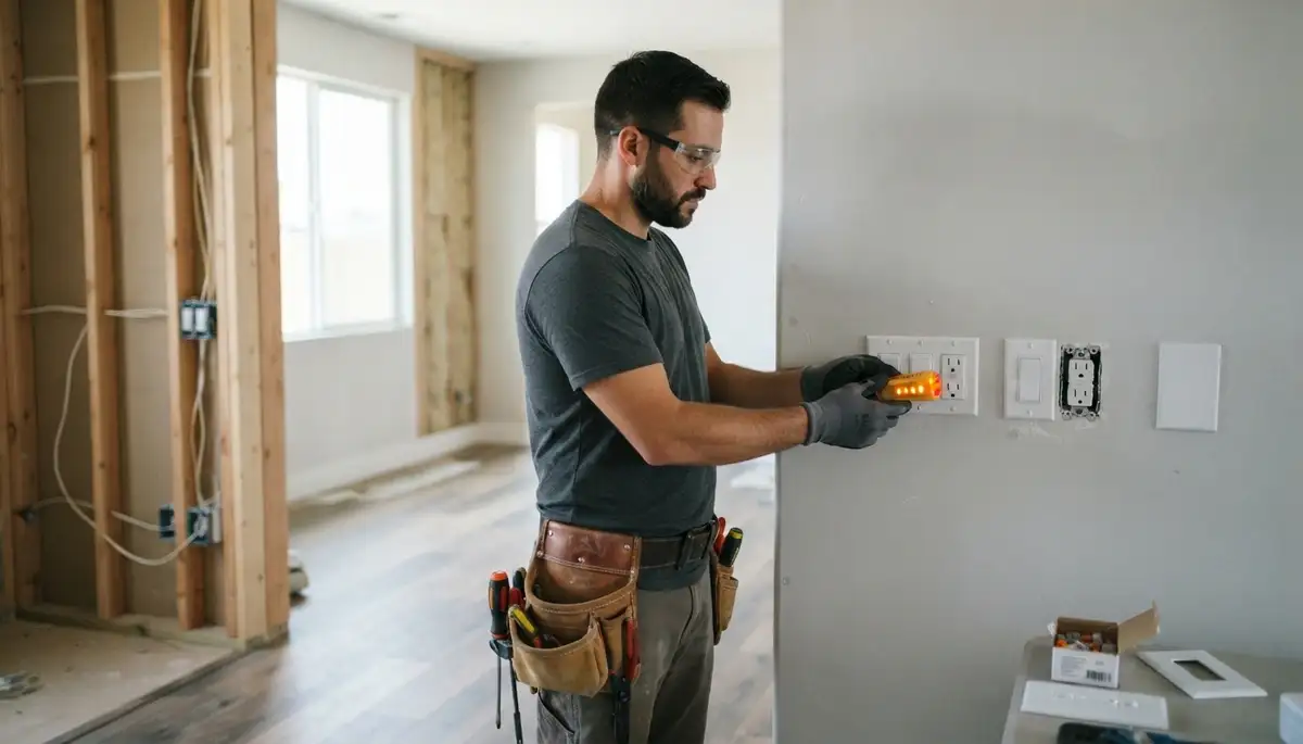 Electrician testing receptacles and switches during new construction wiring in Stockton, CA