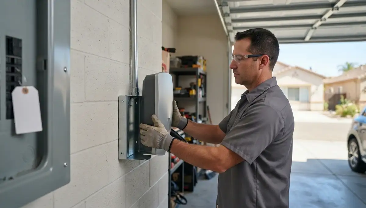 Electrician installing a wall-mounted EV charger with conduit in a Galt, CA garage