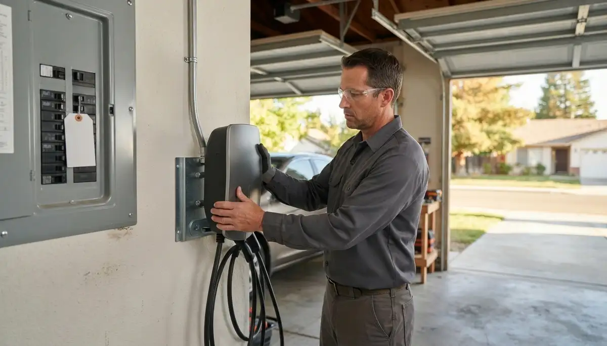 Electrician installs a home EV charger in Lockeford, CA with a dedicated electrical circuit