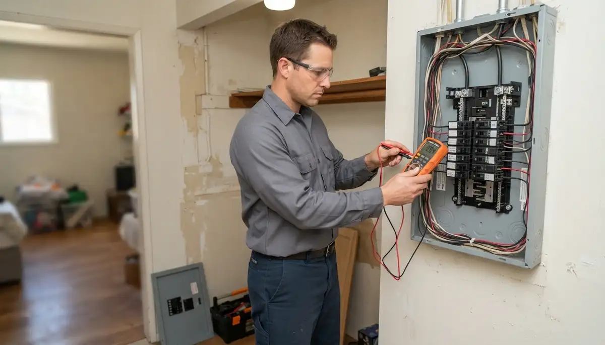Electrician tests new electrical panel circuits with a multimeter in a Stockton, CA home