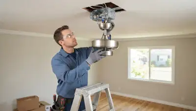 Stockton, CA electrician installing a fan-rated ceiling box and mounting a ceiling fan motor