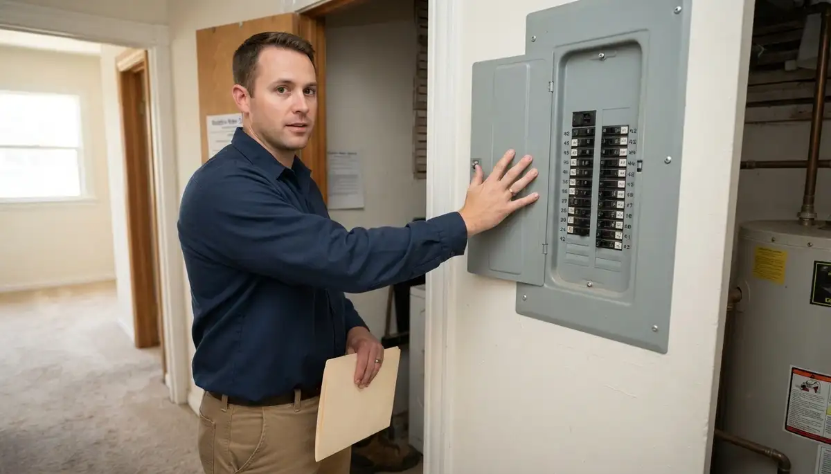 Stockton, CA electrician reviews home energy audit findings and payback priorities with homeowner at electrical panel.