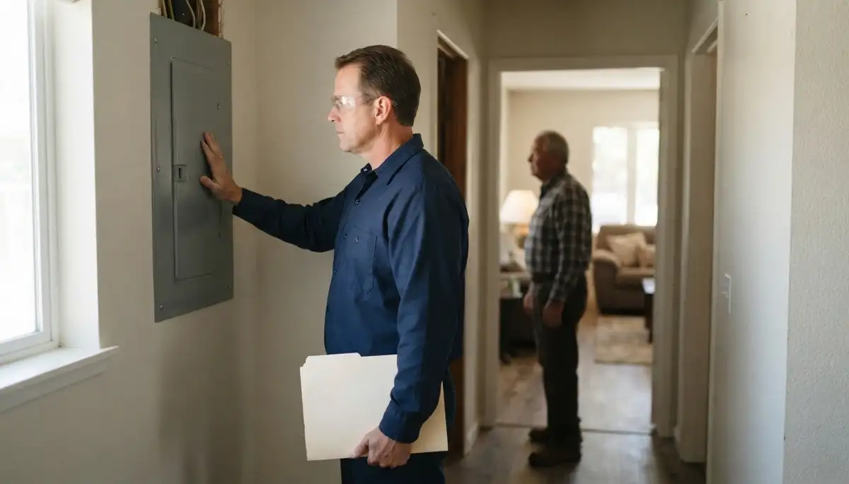 Electrician reviews home electrical inspection findings and safety priorities with a homeowner in Stockton, CA
